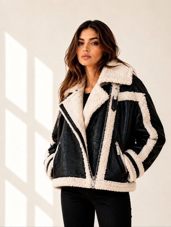 NVLT Jackets & Blazers - NVLT Women's Black & White Vegan Leather Shearling Fuzzy Coat Jacket Size XS/S